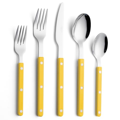 ANNOVA Set di posate, posate in acciaio inossidabile colorate in stile retrò/rivettate,coltelli da tavola, forchette, cucchiai, forchette da insalata e cucchiai da dessert (Giallo,10 Pezzi)
