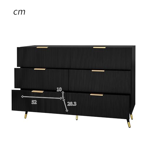 FammyLoft Sideboard for Living Room, Wooden Storage Cabinet with 6 Drawers, Black Storage Units with Wave Design for Living Room, Entryway, Hallway, 120 x 40 x 77 cm, Chest of Drawers, Black - Image 3