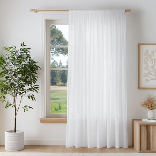 Image of FMFUNCTEX White Sheer Curtains, 96 Inch, Rod Pocket, 1 Panel for Bedroom | Sliding Door Extra Wide Semi Sheer Drapes,Faux Silk That Let Light,Non-See-Through Patio Glass Door Curtain for Living Room