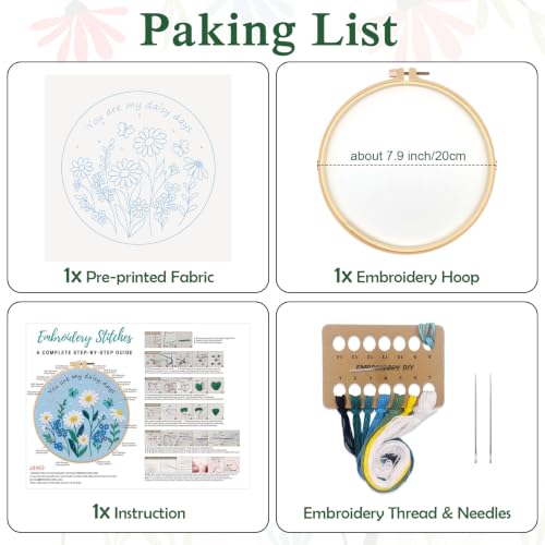 Image of Louise Maelys Daisy Quote Embroidery Kit for Beginners, Blue Floral Craft
