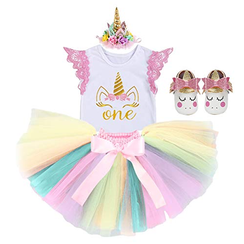 MYRISAM Baby Girls Birthday Cake Smash Unicorn Outfits Princess Romper Bodysuit Rainbow Skirt Unicorn Headband (Shoes)2