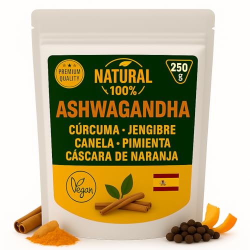 Infusión de Ashwagandha Ecológica | Cúrcuma | Jengibre | Canela | Pimienta negra | Cáscara de naranja |Estado de Ánimo | Reduce estrés | Aporta Energía Natural | Antiinflamatorio (EXTRAGRANDE 250 G)