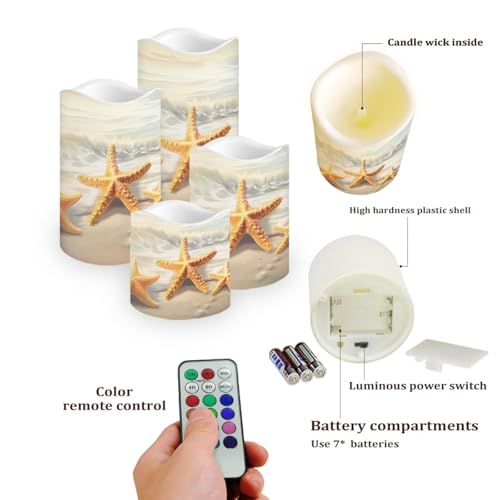 Image of Starfish Beach Flameless Candles with Remote Flickering Led Candles with Timer Set of 4 Electric Pillar Candles Battery Operated Fake Candles for Kitchen Room Home Decor