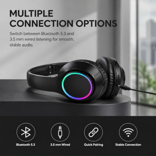 CYSRALFC Bluetooth Headphones, Over Ear Wireless Headphones, RGB Light, Foldable Lightweight Headset with Microphone, Wireless Headphones for Cell Phone, Music, Gaming, School, Home Office — view 6