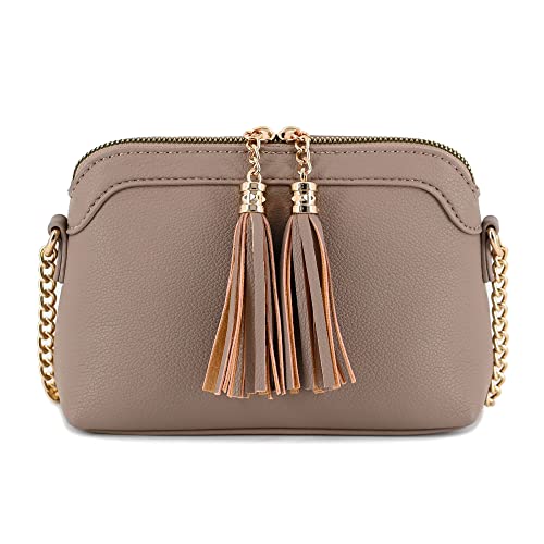 V+BENIE Tassel Small Crossbody Bag with Chain Strap Small Purse Handbags for Women, Taupe2