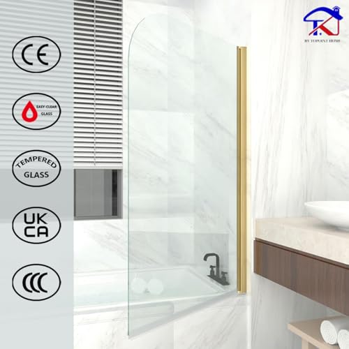T&K Shower Screen 900x1400mm Pivot Bath Screen Panel Gold Round Edge 5mm Toughened Double-Sided Easy Clean Glass Bathroom Shower Door - Image 2