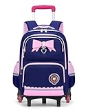 Amythe Cartable à Roulettes pour Fille Primaire 6 à 10 ans, Sac à Dos École Kawaii Léger Déperlant avec Bandes Réfléchissantes, 6 Roues Trolley pour CP CE1 CE2 CM1 CM2, Bleu
