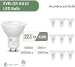 Evelor GU10 LED Ampoule, Équivalent 40W Lumière du jour 5000K,Dimmable, efficace 6W,600 Lumens 2 Ampoules de piste,20000 Heures,Idéal pour la cuisine,Hotte à rames,Salle de vie, 6-Packs