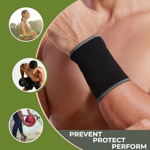 NeoTech Care Wrist Band Support Sleeve - Elastic & Breathable Knitted Fabric Compression Brace - for Tennis, Gym, Sport, Tendonitis (Black Color, Size L, 1 Unit)