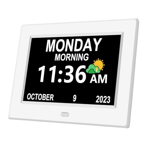 7 Inch Digital Clock (No Power Adaper) Alarm Clocks with Date and Day of Week Alzheimers Clock Customizable Alarms 3 Display Modes Large Font Digital Clocks for Seniors Auto DST White