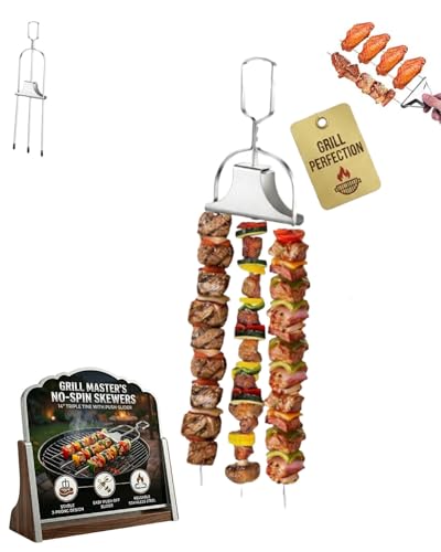 Skewers for Grilling Metal Kabobs BBQ Grill Skewer 3 Way Outdoor Accessories Stainless Steel Chicken Savant Kebab Barbecue Fork Meat Anti Spin 3 Prong Barbeque Reusable Grilling (1)