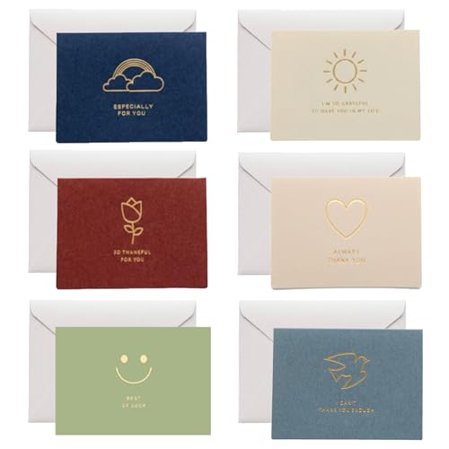 BondEron 6er Set Dankeskarten mit Umschlägen und Aufklebern – Minimalistisches Design mit Goldprägung – Klappkarten Set für Hochzeit, Geburtstag, Taufe, Geschäftlich – Elegante Grußkarten Blanko