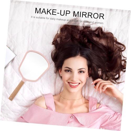 Espejo de maquillaje portátil con mango de madera rosa miniatura 3