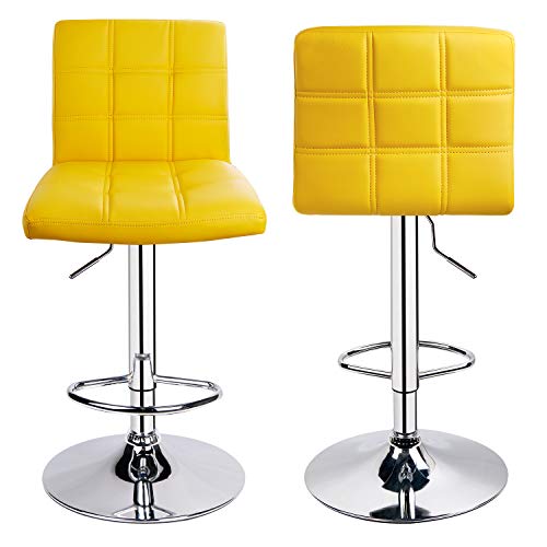 Modern Square Pu Leather Adjustable Bar Stools With Back, Set Of 2, Counter Height Swivel Stool By Leopard (Yellow) #TOP3