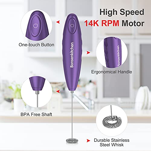 Bonsenkitchen Handheld Milk Frother, Electric Hand Foamer Blender For Drink Mixer, Perfect For Bulletproof Coffee, Matcha, Hot Chocolate, Mini Battery Operated Milk Whisk Frother (Purple) #TOP3