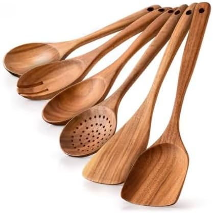 6-Piece Teak Wooden Kitchen Utensil Set – Heat Resistant, Durable, heat resistant Cooking Tools for Nonstick Cookware - Natural Rust-Free Wooden Spatulas & Spoons - Dishwasher Safe by Lonachamari