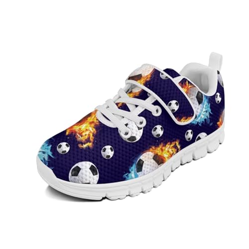 Kids Running Shoes Walking Sports Athletic Tennis Sneakers for Boys Girls Soccer Fire Pattern（White Sole）