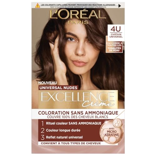 L’ORÉAL PARIS - Coloration Cheveux Permanente - Longue Durée - Résultat Naturel & Lumineux - Couvre 100% des Cheveux Blancs - Excellence Crème Universal Nudes - Nuance : Châtain Universel (4U)