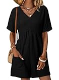 AlvaQ Womens Rompers for Summer Cute Casual Solid Loose Fit V Neck Short Sleeve Jumpsuits Overalls Shorts with Pockets Travel Clothes Black Large