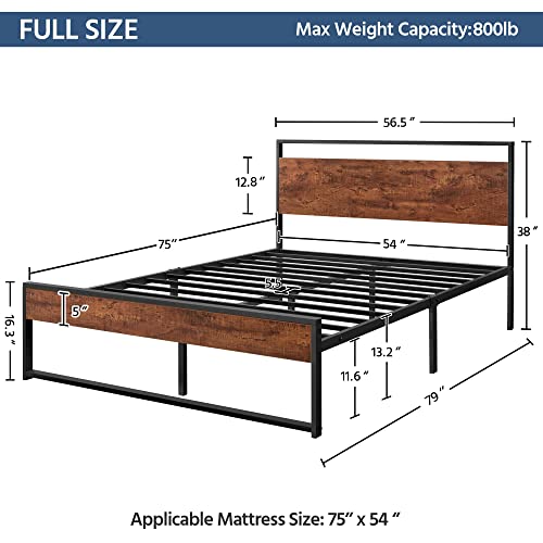 Yaheetech Full Metal Platform Bed Frame With Rustic Wooden Headboard And Footboard, Mattress Foundation/No Box Spring Needed/12 Inch Underbed Storage/Slats Support/No Noise/Easy Assembly, Mahogany #TOP1