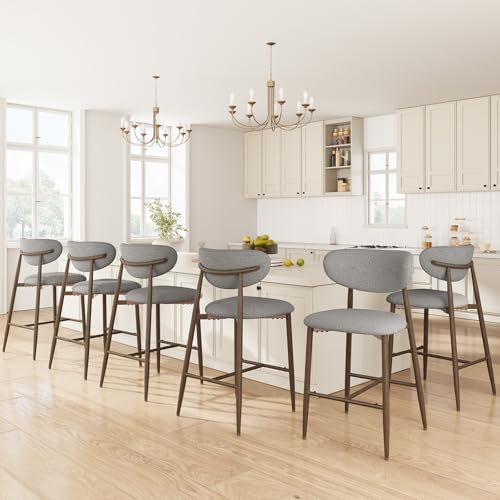 Image of MALOL Bar Stools Set of 6, Upholstered Counter Height bar stools with Backs and Metal Legs, Modern Kitchen Bar Stools for Kitchen Island, Counter, Light Grey