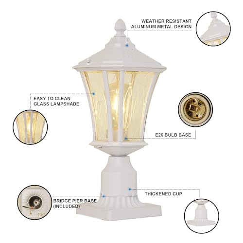 Outdoor Post Light for Pathway Courtyard Lawn Road, Pier Mount Outdoor Lighting, Waterproof White Pole Lamp Light Pillar Lantern with 3" Pier Mount Base, Aluminum Fence Frame, Glass Shade