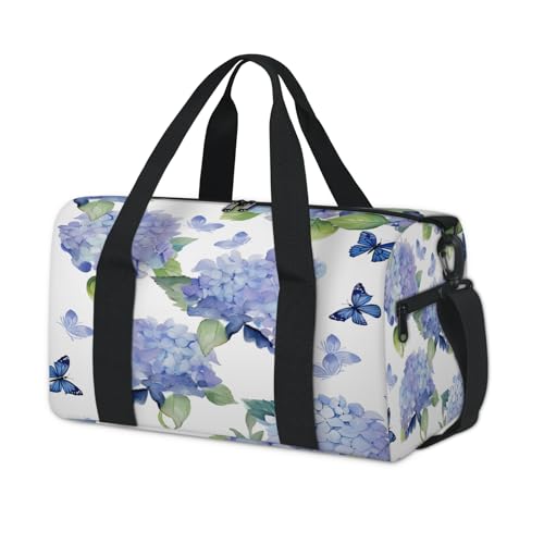 Watercolor Blossoms Hydrangea Sports Duffle Bag for Women Men Waterproof Overnight Weekender Bag with Adjustable Strap Travel Tote Bags for Beach Yoga Work Dance Swim