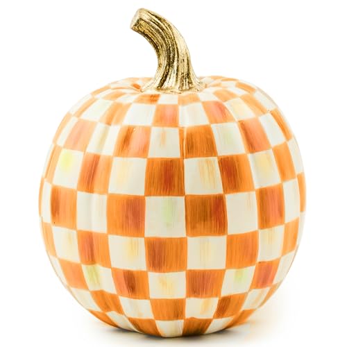 Image of MACKENZIE-CHILDS Resin Pumpkin, Small, Orange-and-White Orange Check