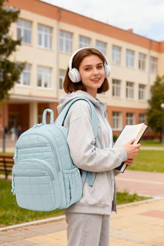 Image of Bookbag for Women, Teen Girls Backpack for High School College Student, Puffer Quilted Back Pack Cute Laptop Backpack for Work Travel Mom Casual Daypack, Blue