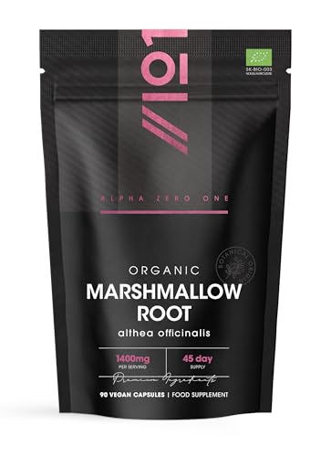 Organic Marshmallow Root 1400mg - 90 Vegan Capsules - Potent Althea Officinalis Supplement - 45 Day Supply - Resealable and Recyclable Pouch - by Alpha01