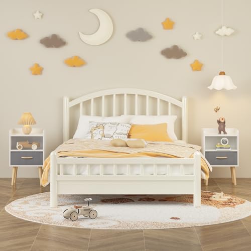 Image of extrasleep White Wooden Nightstand with Fabric Drawer, 2-Tier Modern Storage End Table, 25 inch H Wood Bedside Table with Storage, Small Night Stand for Kids Room Nursery Playroom Bedroom