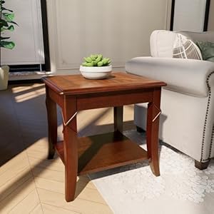 MODERION Solid Wood End Table with Storage Shelf Mid Century Sofa Side Table with Splicing Tabletop and Carved LegBeside Table Telephone Table for Living RoomEasy Assembly Cherry Brown CJZ DR200
