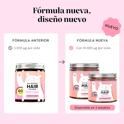Gominolas Biotina Ah-mazing Hair Vitamin – Para el cabello, uñas y piel - 10.000 µg de Biotina, Zinc, Vitaminas B6, C, E e Yodo – 90 Unidades (3 meses), Vegana, Sin Azúcar, Bears with Benefits - imagen 2