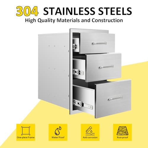 Image of Outdoor Kitchen Drawers 14 inch W x 21 inch H x 23 inch D Flush Mount Triple BBQ Drawers with Chrome Handle Stainless Steel Drawer for Outdoor Kitchen Island, Patio Grill Station