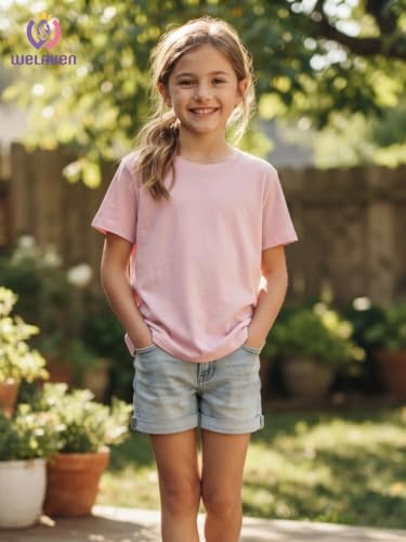 Image of WELAKEN Girls Soft T-Shirt with Curved Hem, Breathable Stretchy Rayon Crewneck Short Sleeve Tees, Kids Everyday Basic Top