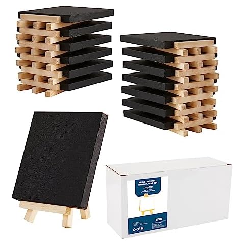 Zingarts Black Mini Canvases with Easel Set, Pack of 14,4” x 4” Inches Black Mini Canvas Boards and 18pcs 5" Mini Easel, Black Small Canvas,Art Supplies for Acrylic Pouring and Oil Painting Cover