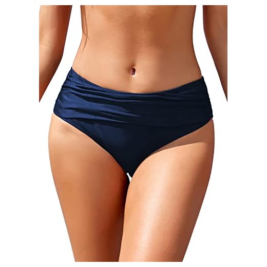 SHEKINI Frauen Ruched Bikinihosen Mittelhohe Badehose Verstecken Bauch Briefs Hipster Damen Klassisch Mäßige Abdeckung Badehose Shorts (Large, Dunkelblau)