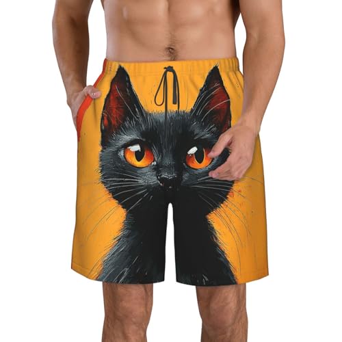 Men's Swim Trunks Bathing Suit Quick Dry Beach Board Shorts - Black Cat Retro