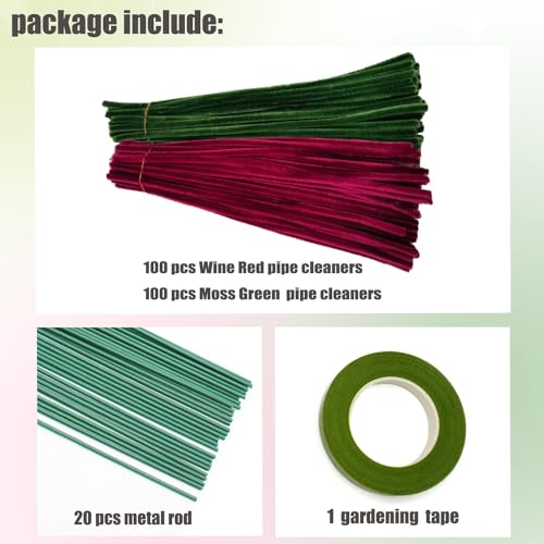 Image of Pipe Cleaner Set, 200 Pcs, with Floral Wires and Floral Tape, Chenille Stems for Tulip Bouquet Making, Kids DIY Craft Projects and Decorations (Maroon Green kit)