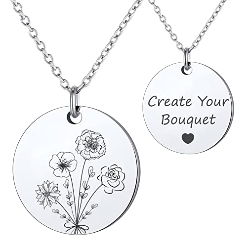 Anavia "Build Your Own Bouquet" Birth Month Flowers Necklace, Personalized Engraved Floral Coin Necklace, Customized Birthday Gifts Love Jewelry For Her Mom Sisters Friends Family (Silver, 3 Flower Bouquet) #TOP7