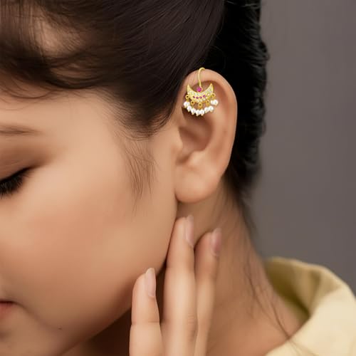 Image of VAMA FASHIONS 18K Gold Plated Anti Tarnish Half Moon Peacock Shape Traditional Maharashtrian Press on Bugadi Upper Ear Clip on Earrings For Women & Girls