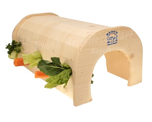 Resch Nr46 Futtertunnel naturbelassenes Massivholz aus Fichte/Mit 3 großen EIN-/ Ausgängen eine Lochwand und Rundstäben zum stecken oder hängen von Snacks / 38 5 x 18 4 x 23 2 cm (LxHxB)