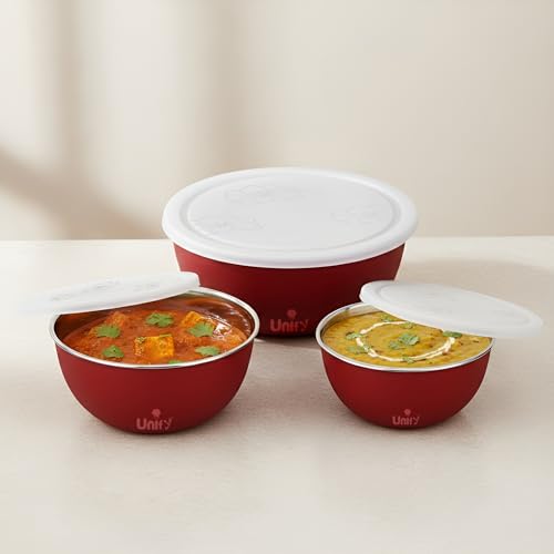 Image of Unify 3 Pieces Stainless Steel Bowl Set with Lid (1100ml, 750ml, 550ml) | Food Grade Steel Mixing & Storage Bowls | Multipurpose Kitchen Container for Dal, Sabzi, Curd & Leftovers