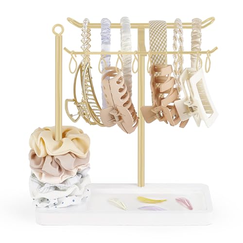 Dahey Headband Holder Multifunctional Hair Accessories Organizer Display Hairbands Claw Clips Scrunchie Metal Storage Stand Stylish Bedroom Dorm Bathroom Vanity Decor for Girls Women, Gold