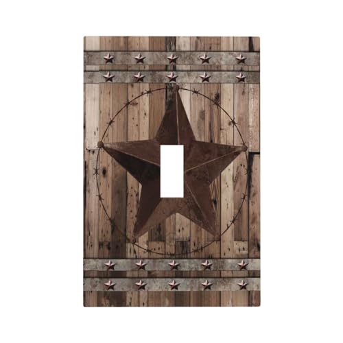 Western Country Texas Star Retro Rustic Style Wood 1-Gang Decorative Single Toggle Wall Plate Device Decorator Outlet Light Switch Cover Vintage Cabin Barn Garage Electrical Face Switchplate Cover