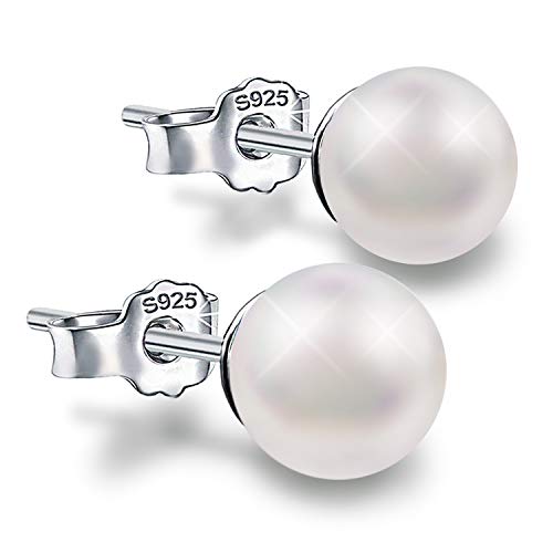 Sterling Silver Pearl Earrings Hypoallergenic Studs Round Ball Pearl Earrings White Button Pearl Beads Earrings Piercing Earrings Mother's Day Gifts for Women Mom
