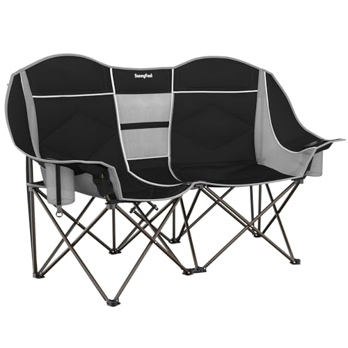 SUNNYFEEL Double Camping Chair Portable Folding Loveseat for 2 Adults Heavy Duty Oversized Camping Couch 600 lbs with Cup Holders & Storage for Outdoor Camping, Beach, Lawn, Patio RV & Indoo