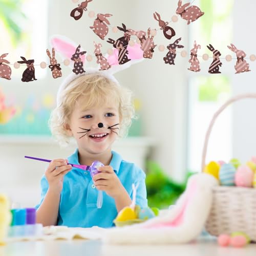 Image of Easter Felt Garland Brown Easter 3D Bunnies with Wooden Beads Banner Holiday Decorative Hanging Bunting Garland for Spring Home Mantel Fireplace Window Wall Decor