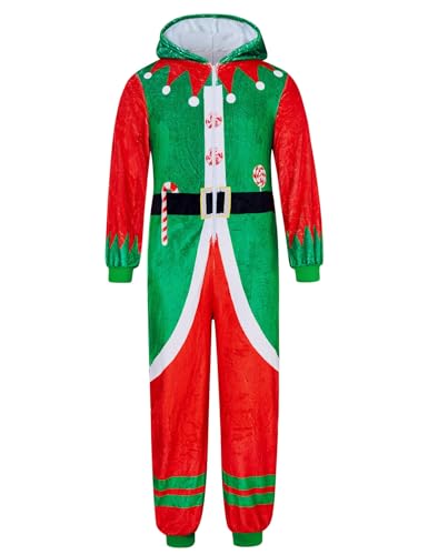 Christmas Onesie Pajamas for Men Adult One Piece Hooded Flannel Zipper Pjs with Pockets