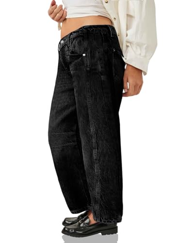 Beautife Womens Plus Size Barrel Jeans Baggy Boyfriend Mid Rise Wide Leg Cropped Ankle Horseshoe Denim Pants3